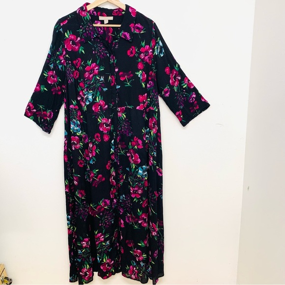 Woman Within Maxi Dress Size 20W  Gauzy Button Front Black Floral Pockets Boho - Picture 1 of 12